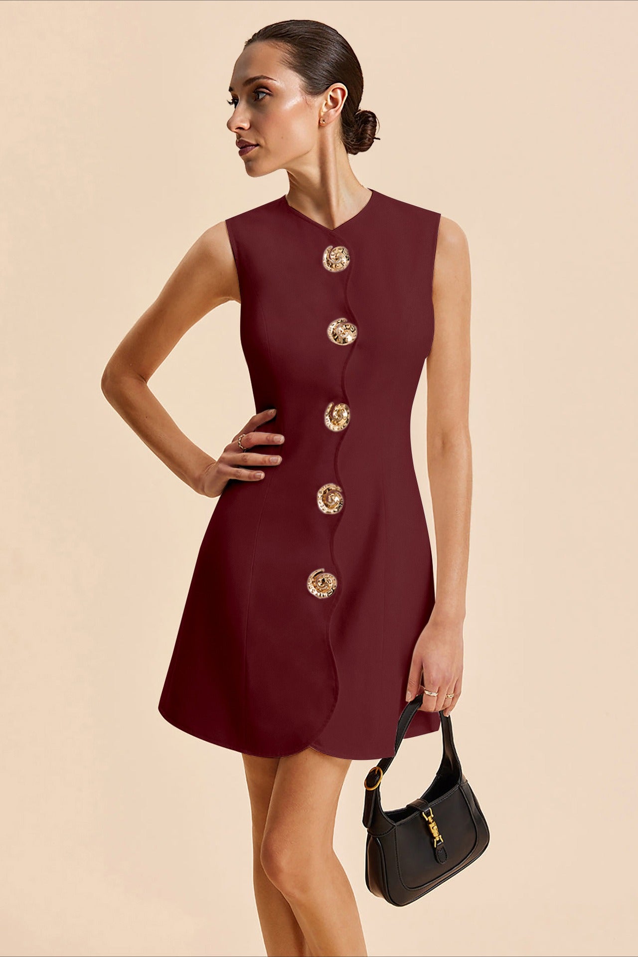 Round Neck Scalloped Button Front Princess Seam Mini Dress
