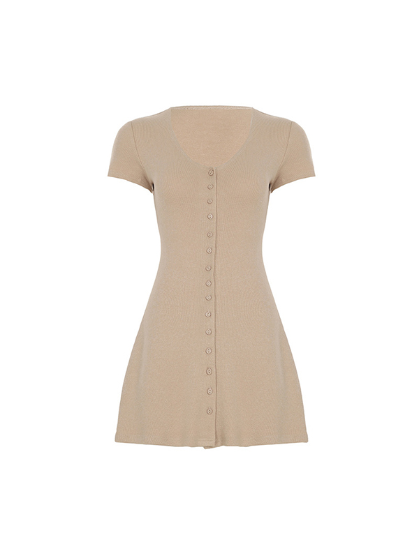 Row Buttons V-Neck Solid Colour Mini Dress