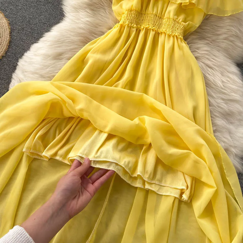 Women Chiffon Beach Dress Sexy Double Layer Ruffled Off The Shoulder Boho Dresses Ladies Sweet Slash Neck Long Dress 46 Women Chiffon Beach Dress Sexy Double Layer Ruffled Off The Shoulder Boho Dresses Ladies Sweet Slash Neck Long Dress