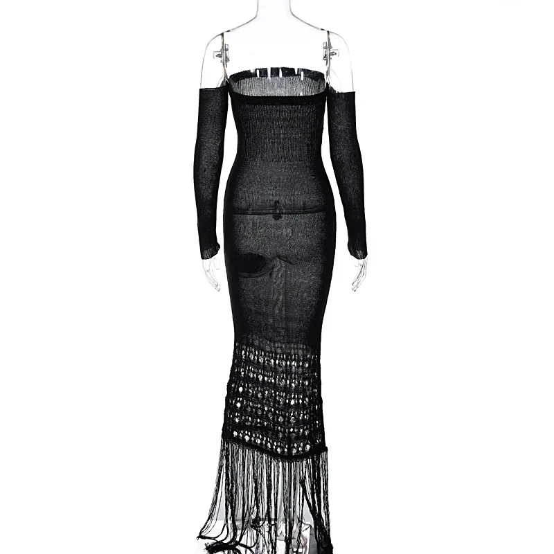 Ootddress Knitted Tassel Maxi Dresses For Women Hollow Out Sexy Bodycon Dress Women's Off The Shoulders Elegant Evening Dress Woman