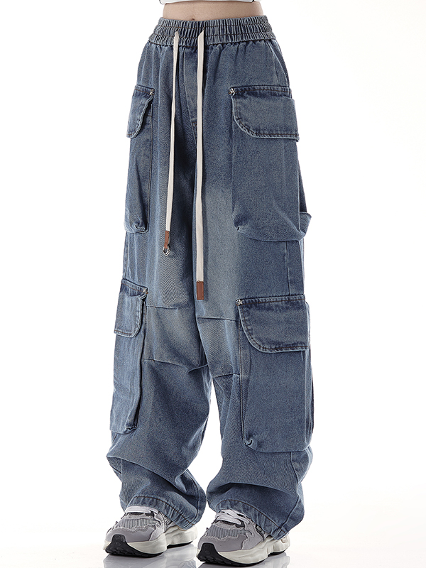 Loose versatile drawstring straight Cargo Jeans