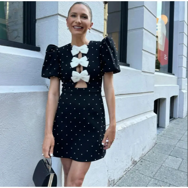 Fashion Puff Sleeve Bow Mini Dress For Women 2025 Spring Summer Solid High-waist Short Dresses Female Elegant Chic Party Looks