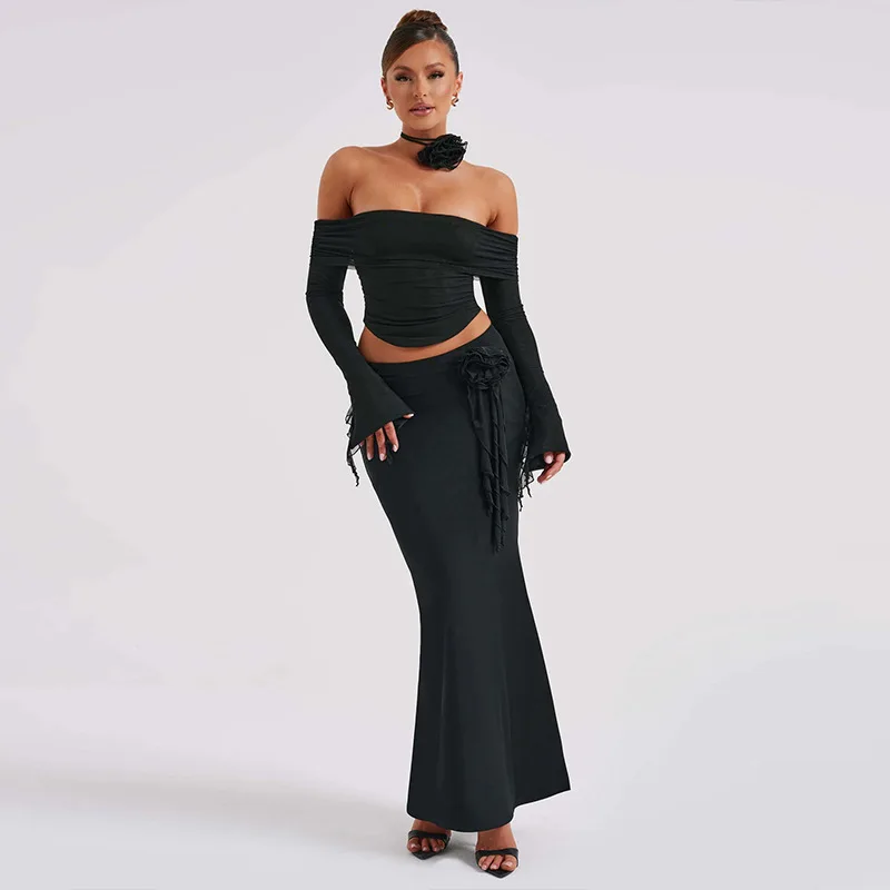 Ootddress Winter New Sexy Long Sleeved Half Skirt Set For Woman 3D Flower Slim Tight Long Skirt Party Evening Dress Two Piece Set 18 Ootddress Winter New Sexy Long Sleeved Half Skirt Set For Woman 3D Flower Slim Tight Long Skirt Party Evening Dress Two Piece Set