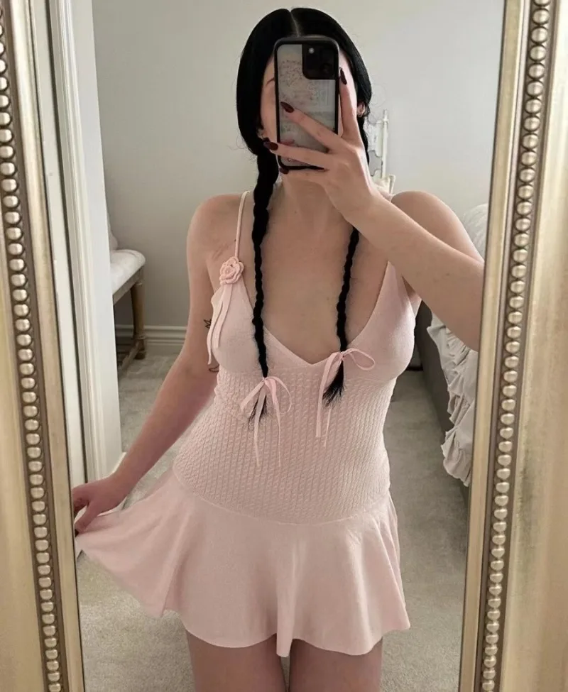 Ootddress Ruffle Knitted Dress For Women Sleeveless V Neck Slim Splice Flower Sundress Ladies Casual Fashion Y2k Solid Dress Woman