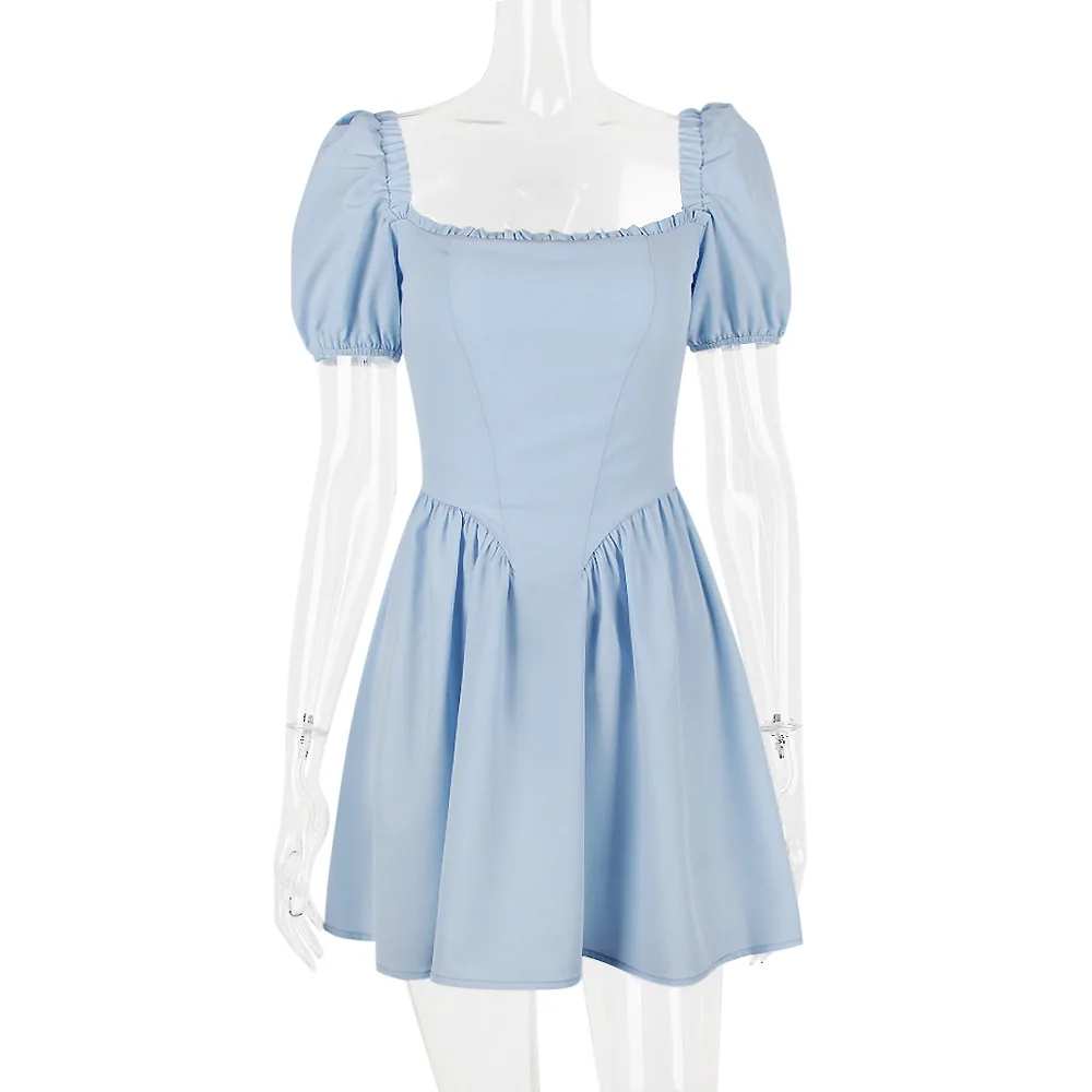 Ootddress Elegant Short Puff Sleeve Sexy Mini Dress Women Fashion Square Collar Backless A-line Pleated Club Party Dress Vintage