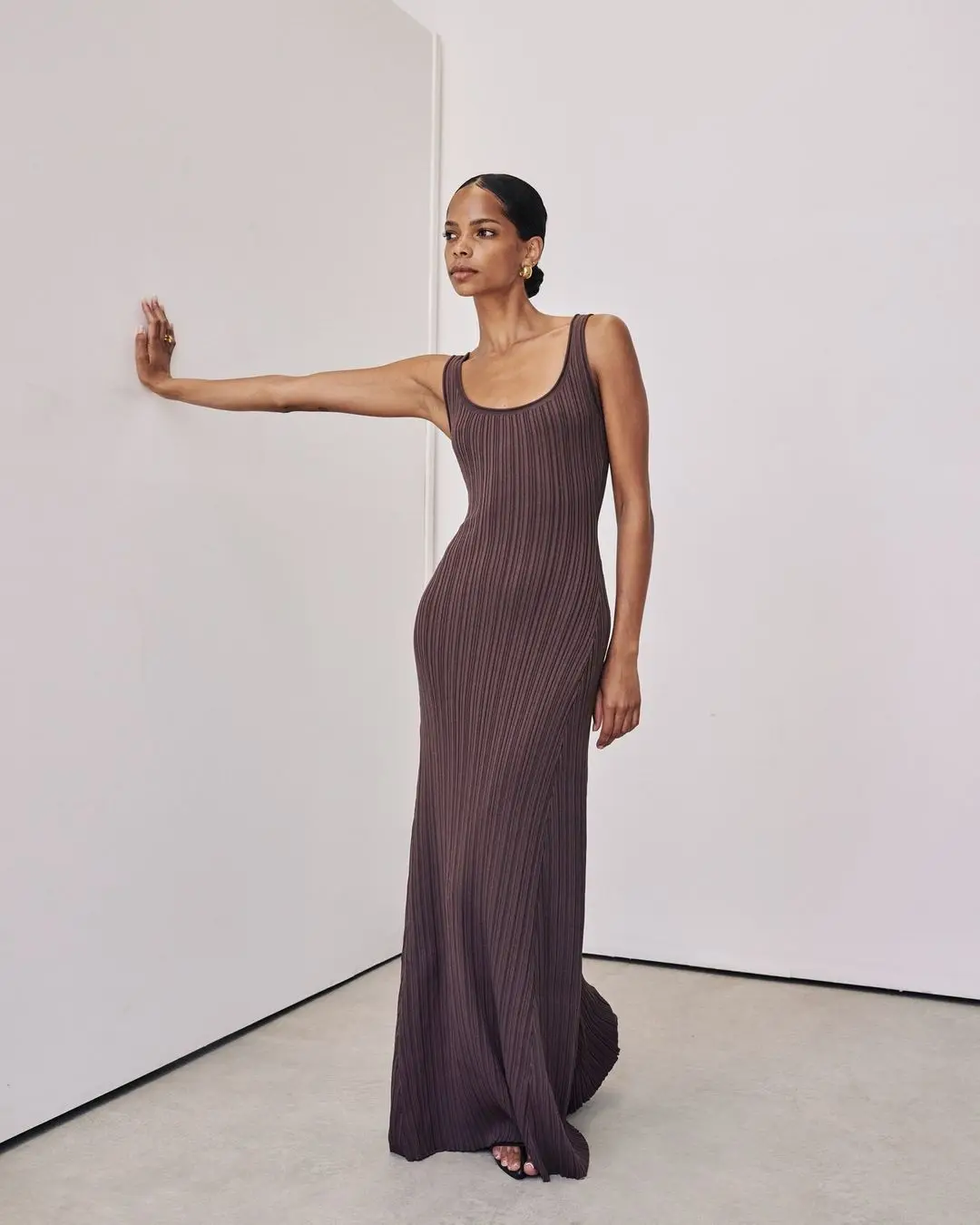 Ootddress Knit Ribbed Slim Maxi Dress Female Backless Scoop Neck Fashion Elegant Party Looks Long Dress Patchwork Knitwear Dress