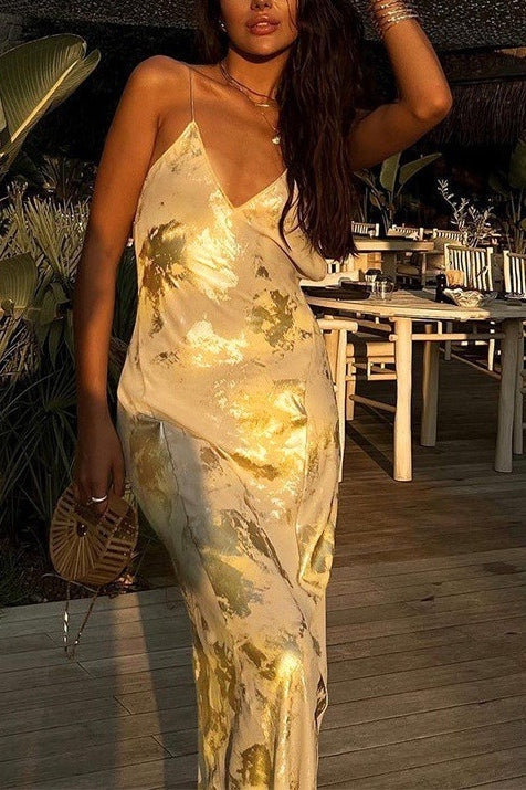 Marble Print Satin Slip Spaghetti Strap Deep V-Neck Maxi Dress