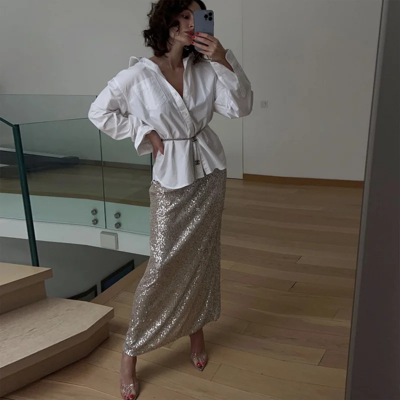 Ootddress Sequins Loose Dress Sets Women Long Sleeve Crop Tops High Waist Sexy Maxi Skirts Ladies Two Piece Suits Womens Outifits