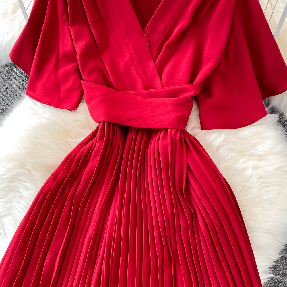 Women Elegant Pleated Dress Summer Short Sleeve V-neck Vintage Dresses Ladies A Line High Waisted Midi Dress