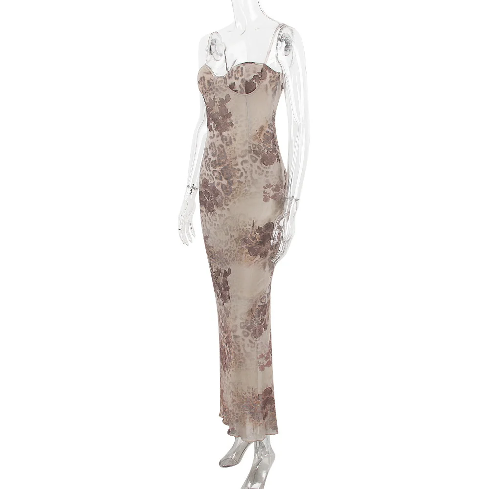 Ootddress Mesh Floral Print Maxi Dress Women Spaghetti Strap Sleeveless Lace-up Split Sundress Ladies Club Party Long Tank Dress