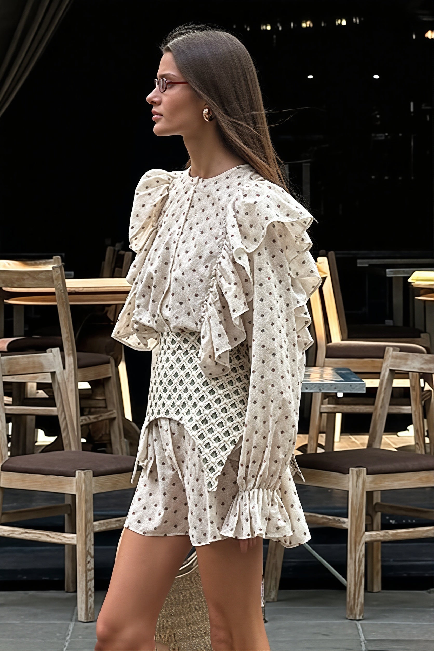 Diamond Print Ruffle Flare Sleeve Button Front Tiered Mini Dress