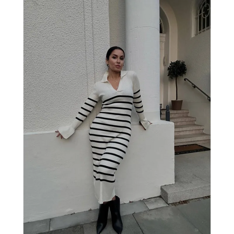 Ootddress Striped V-Neck Knit Maxi Dress For Women Ribbed Patchwork Slim Long Sleeve Elegant Party Dress Loose Knitwear Long Dress