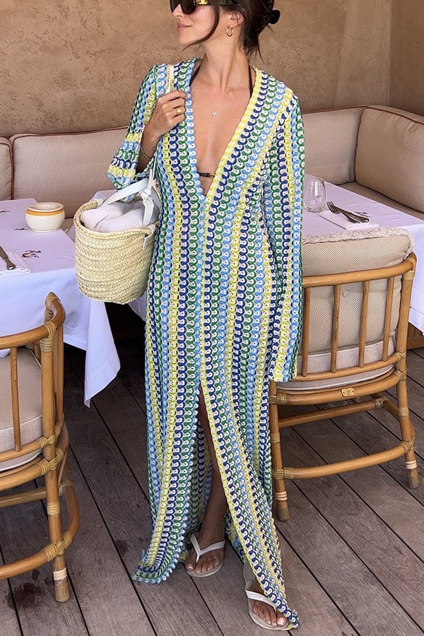Elegant women's cardigan beach knitted colorful wave print long sleeved vacation dress