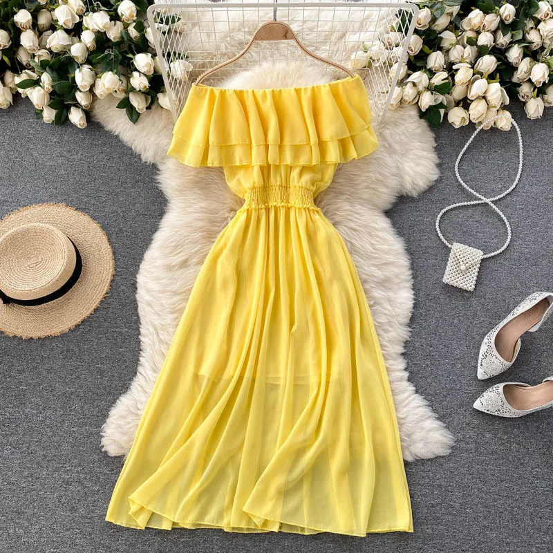 Women Chiffon Beach Dress Sexy Double Layer Ruffled Off The Shoulder Boho Dresses Ladies Sweet Slash Neck Long Dress 8 Women Chiffon Beach Dress Sexy Double Layer Ruffled Off The Shoulder Boho Dresses Ladies Sweet Slash Neck Long Dress