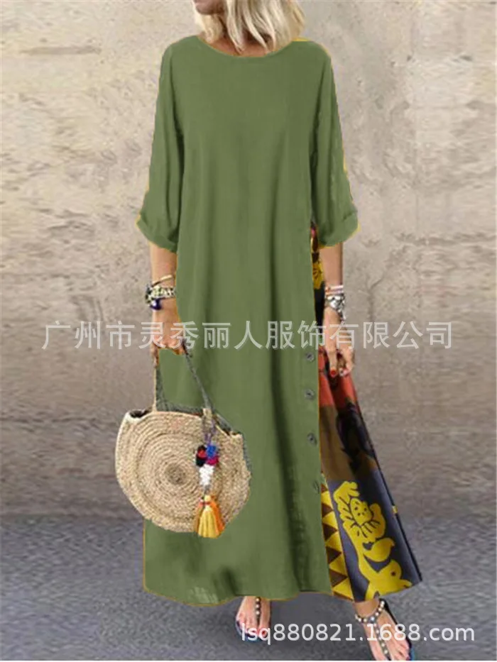 Cotton Linen Vintage Long Dresses Women Three Quarter Sleeves Splicing Print Loose A-line Dress Fashion Casual Lady Maxi Vestido 21 undefined