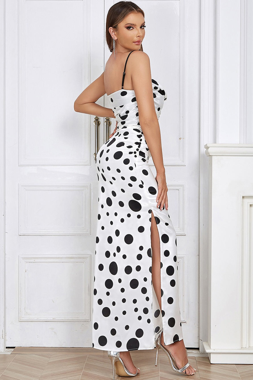 Polka Dot Sweetheart Cowl Neck Ruched Bodycon High Split Maxi Dress
