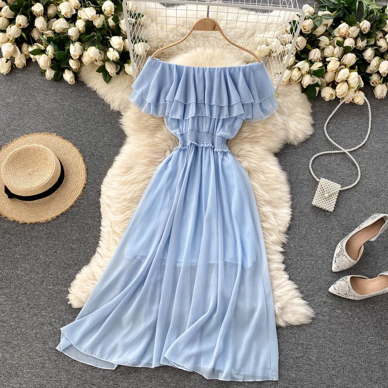 Women Chiffon Beach Dress Sexy Double Layer Ruffled Off The Shoulder Boho Dresses Ladies Sweet Slash Neck Long Dress 16 Women Chiffon Beach Dress Sexy Double Layer Ruffled Off The Shoulder Boho Dresses Ladies Sweet Slash Neck Long Dress