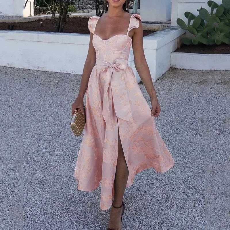 Flowers Print Sleeveless Long Dresses Women Sexy Low Cut Backless Bowknot Leace-up Slit Dress Temperament Lady Vestidos 2025 New