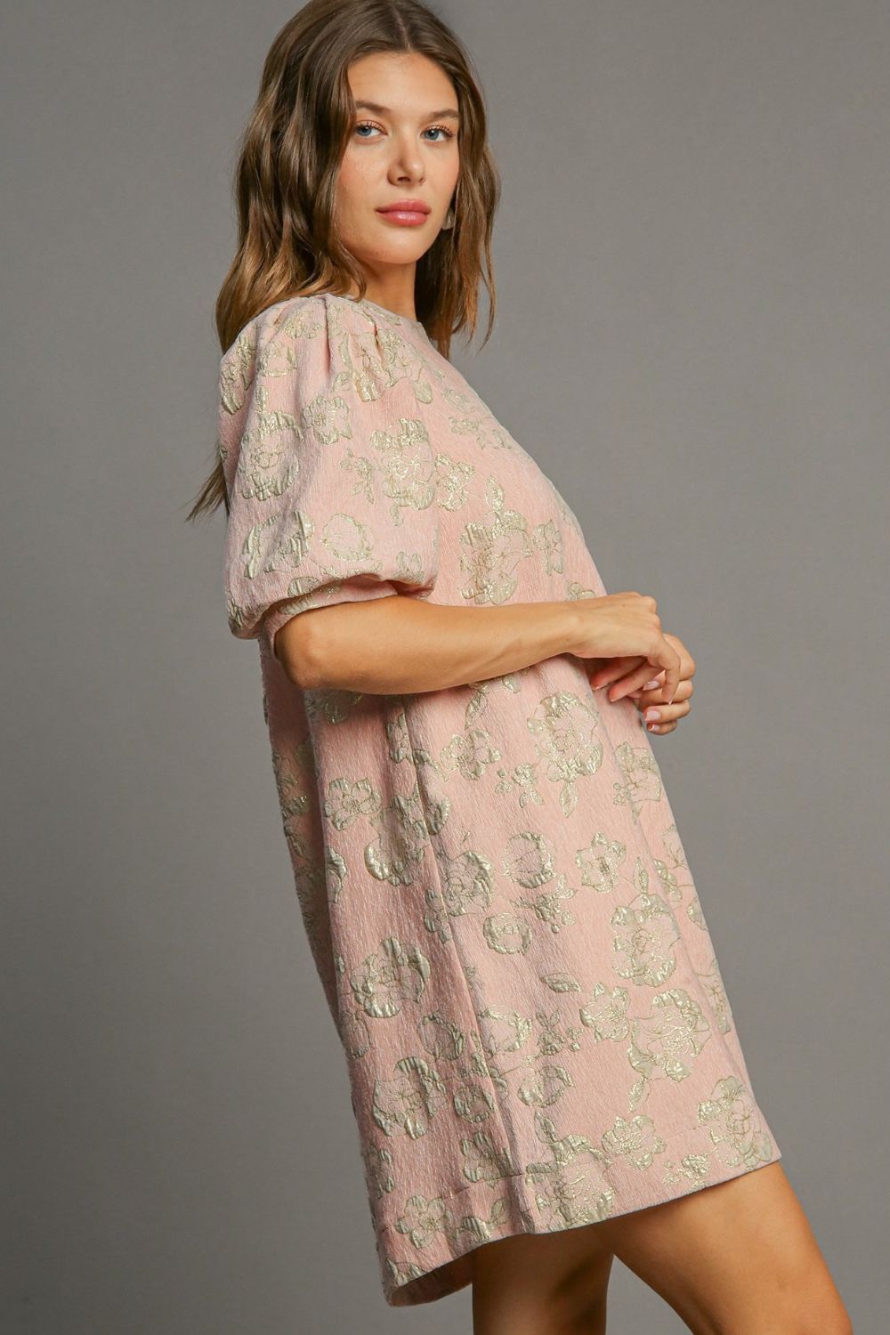 Metallic Floral Jacquard Crew Neck Puff Sleeve Shift Mini Dress