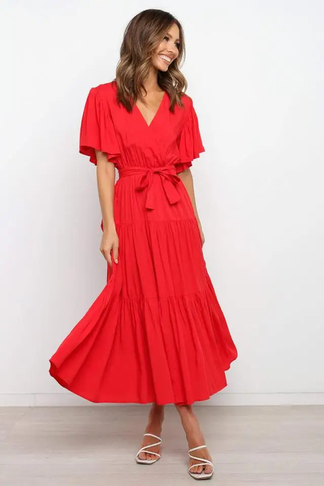Trendy Solid Color Ruffles Long Dresses Women Sexy V-neck Ruffle Sleeves Leace-up Temperament Elegant Lady Dress 2025 Summer New 38 undefined