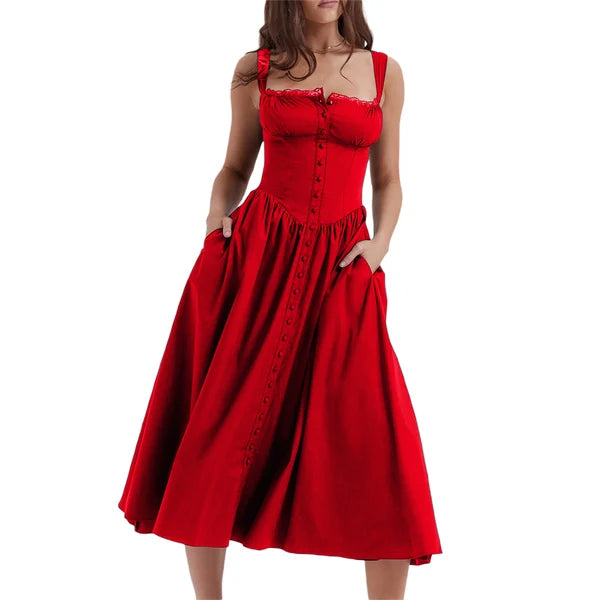 Square Neck Lace Trim Button Front Basque Waist Corset Midi Dress