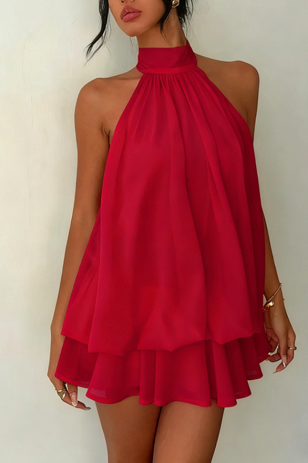 Fashionable Chiffon Halter Neck Backless Lace-up Casual Vacation Mini Dress
