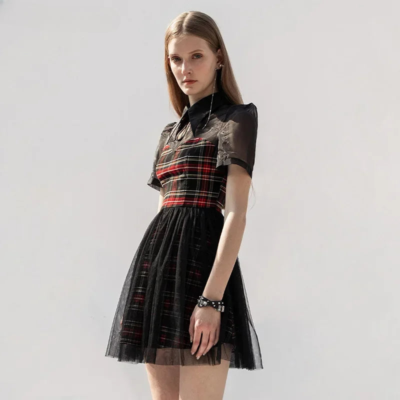 Plaid Pointed Collar Keyhole Puff Sleeve Layered Tulle Fit-and-Flare Mini Dress