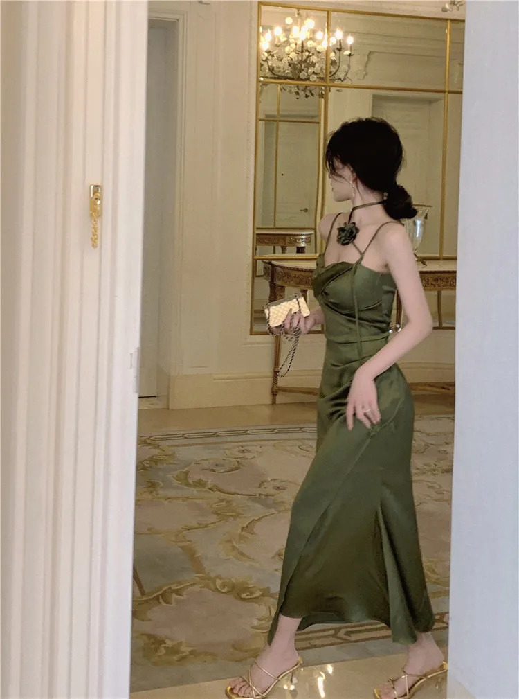 Elegant Solid Satin Midi Dress Women Spaghetti Strap Bodycon 3D Flower High Waist Slim Evening Party One Piece Lady Vestidos