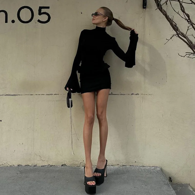 Ootddress Autumn Ruffled Patchwork Mini Dress Women's Long Sleeve High Waist Fashion Elegant Dress Ladies Skinny Party Dress