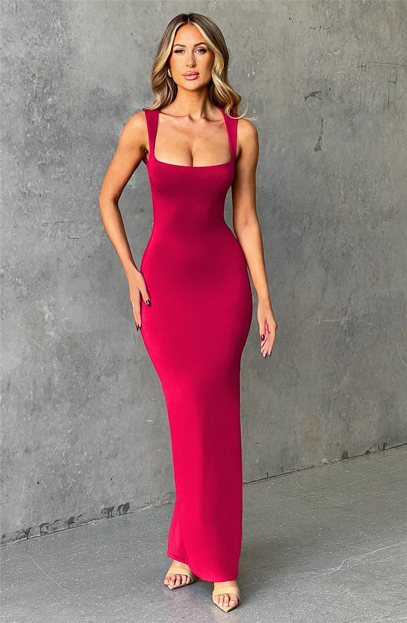Ootddress Elegant Sleeveless Sexy Maxi Dress For Women Summer New Square Collar Bodycon Club Party Long Tank Dress New 2025