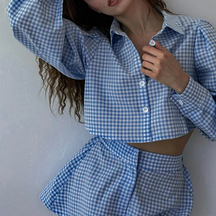 Ootddress OL Outfits Womens Two Piece Set Plaid Long Sleeve Shirts High Wasit Wide Legs Shorts Elegant Korte Suits Outfits 2 Piece 7 Ootddress OL Outfits Womens Two Piece Set Plaid Long Sleeve Shirts High Wasit Wide Legs Shorts Elegant Korte Suits Outfits 2 Piece