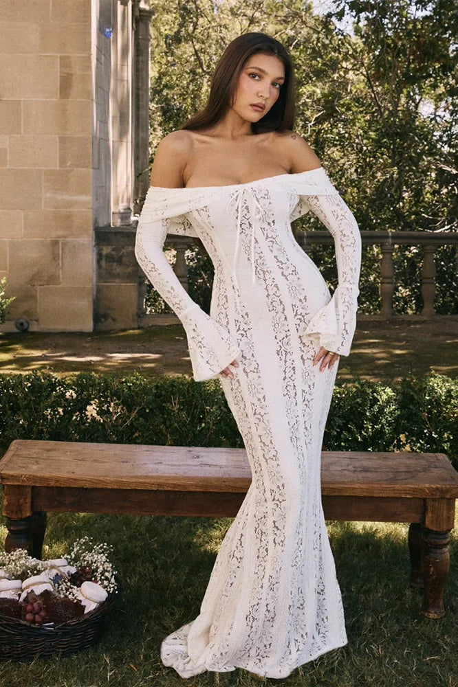 Off Shoulder Floral Lace Tie Front Long Sleeve Bodycon Maxi Dress