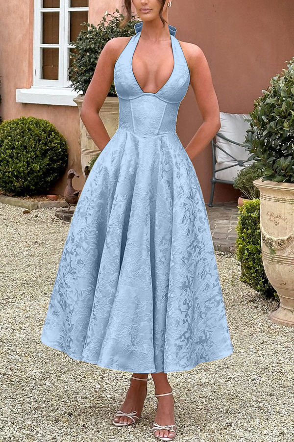 Stylish Jacquard Halter Neck Fitted Waist Open Back Elegant Midi Dress