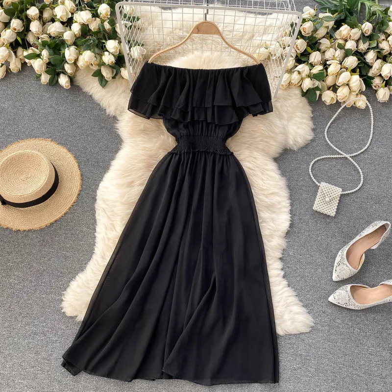 Women Chiffon Beach Dress Sexy Double Layer Ruffled Off The Shoulder Boho Dresses Ladies Sweet Slash Neck Long Dress 5 Women Chiffon Beach Dress Sexy Double Layer Ruffled Off The Shoulder Boho Dresses Ladies Sweet Slash Neck Long Dress