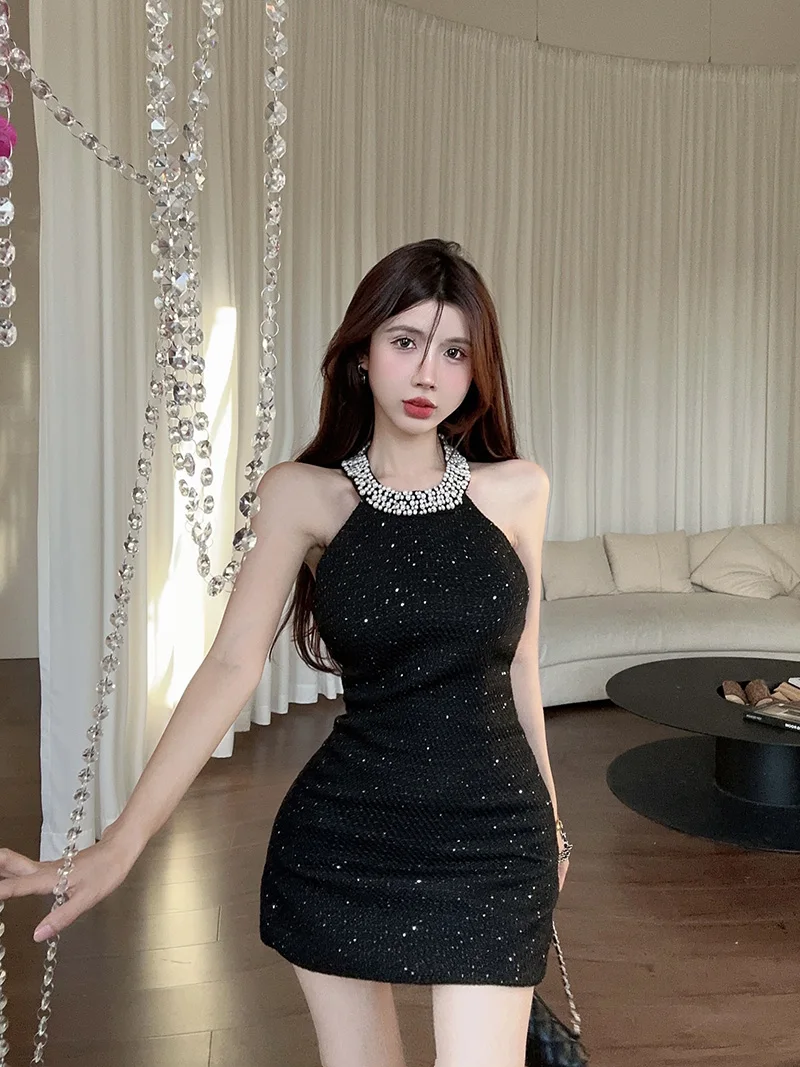 Sexy Halter Mini Dress Women Sleeveless Rhinestone Patchwork Shiny Slim Fashion Backless Evening Party Dresses Club Prom Vestido