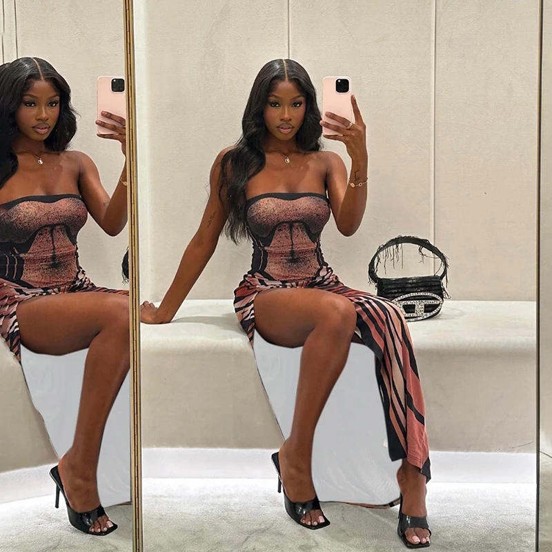 Women Vintage Butterfly Oil Painting Print Wrap Strapless High Split Prom Casual Gowns