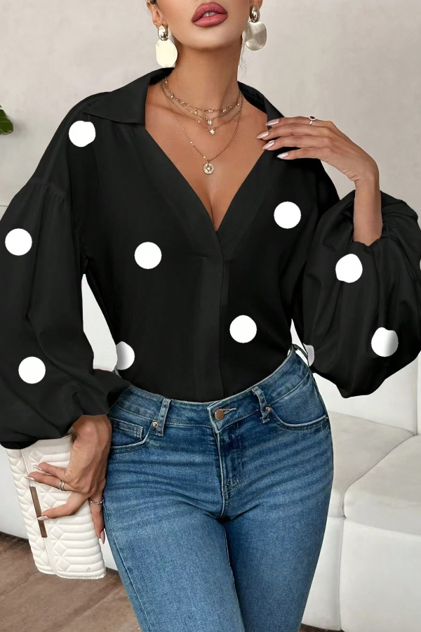 Stylish Polka Dot Print Collared Puff Sleeve Loose Shirt