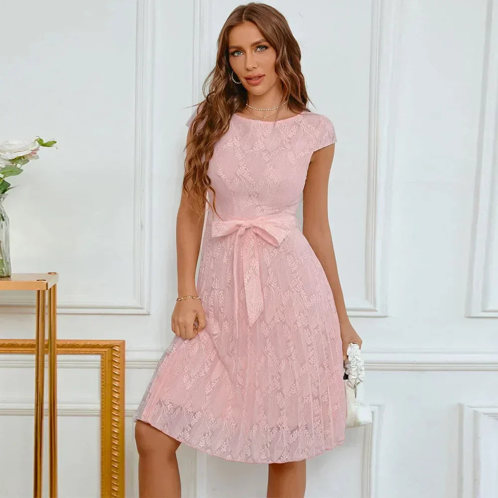 Lace Cap Sleeve Tie Waist Fit and Flare Knee Length Cocktail Dress