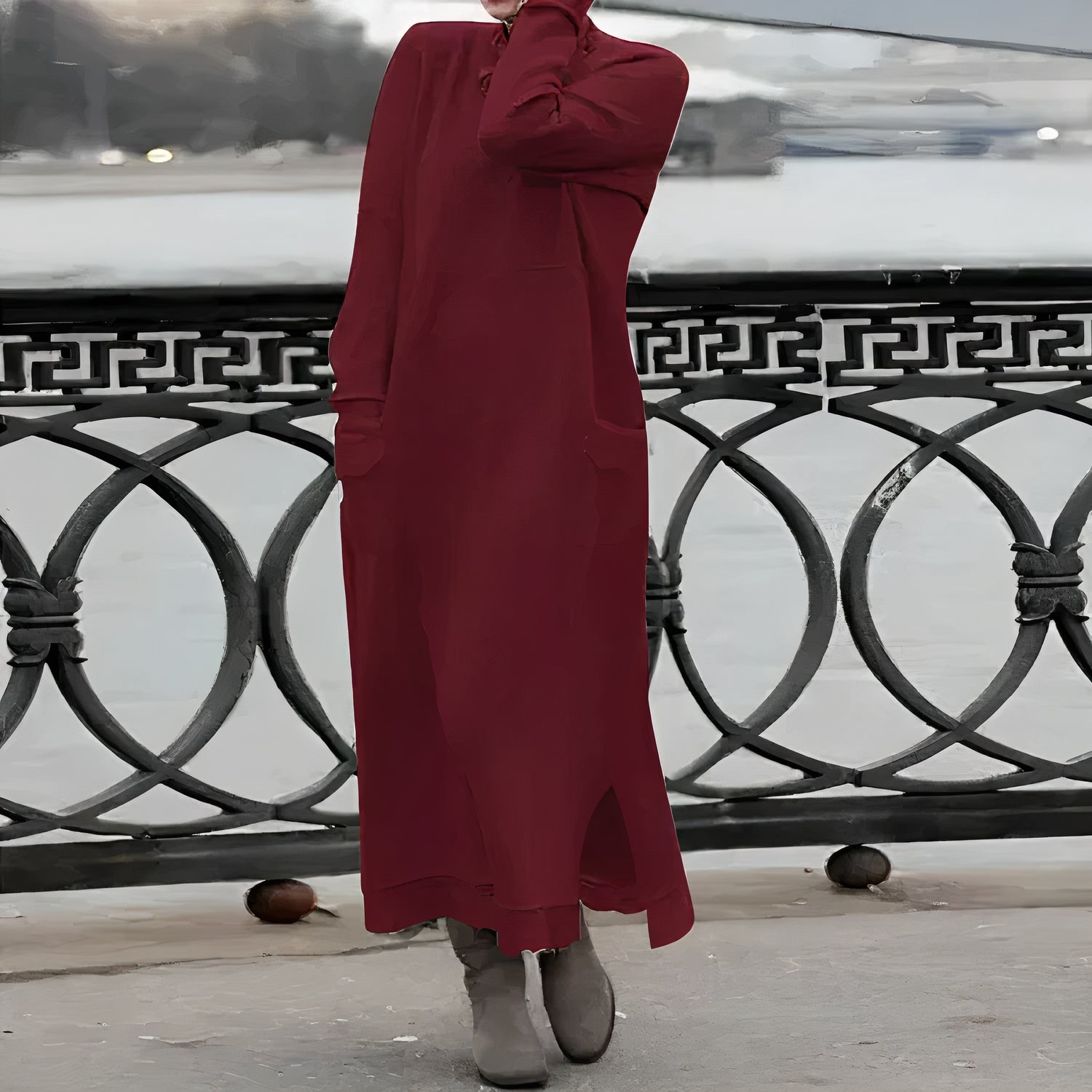 Rib Knit Mock Neck Long Sleeve Patch Pocket Maxi Sweatshirt Dress