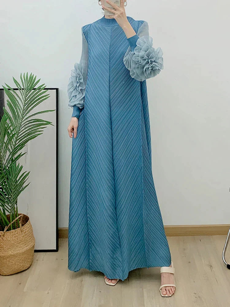 Plisse Mock Neck Petal Ruffle Sleeve Chevron Pleat Maxi Dress