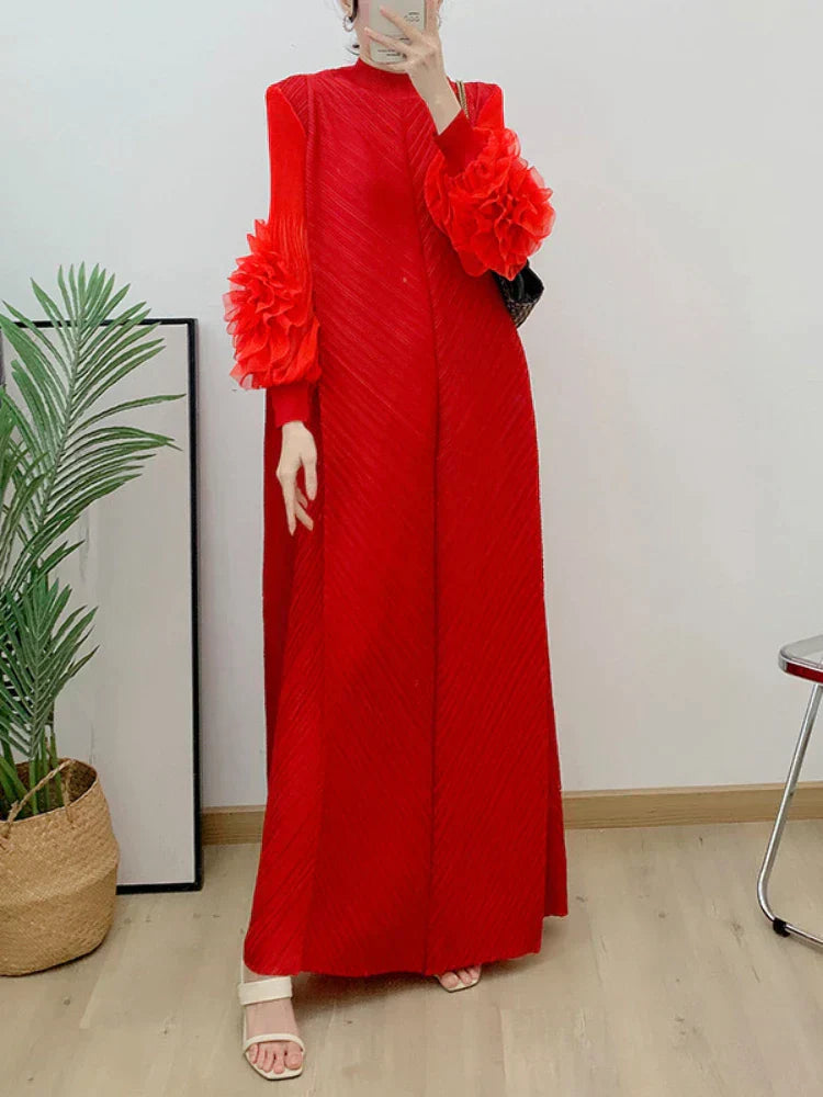 Plisse Mock Neck Petal Ruffle Sleeve Chevron Pleat Maxi Dress