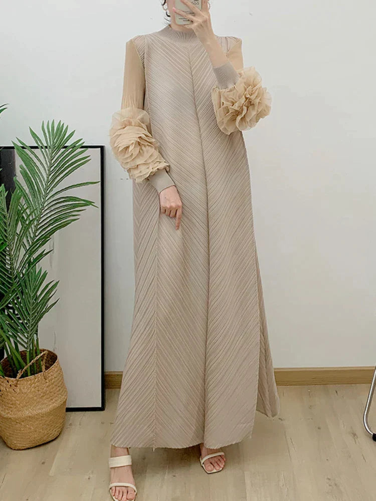 Plisse Mock Neck Petal Ruffle Sleeve Chevron Pleat Maxi Dress