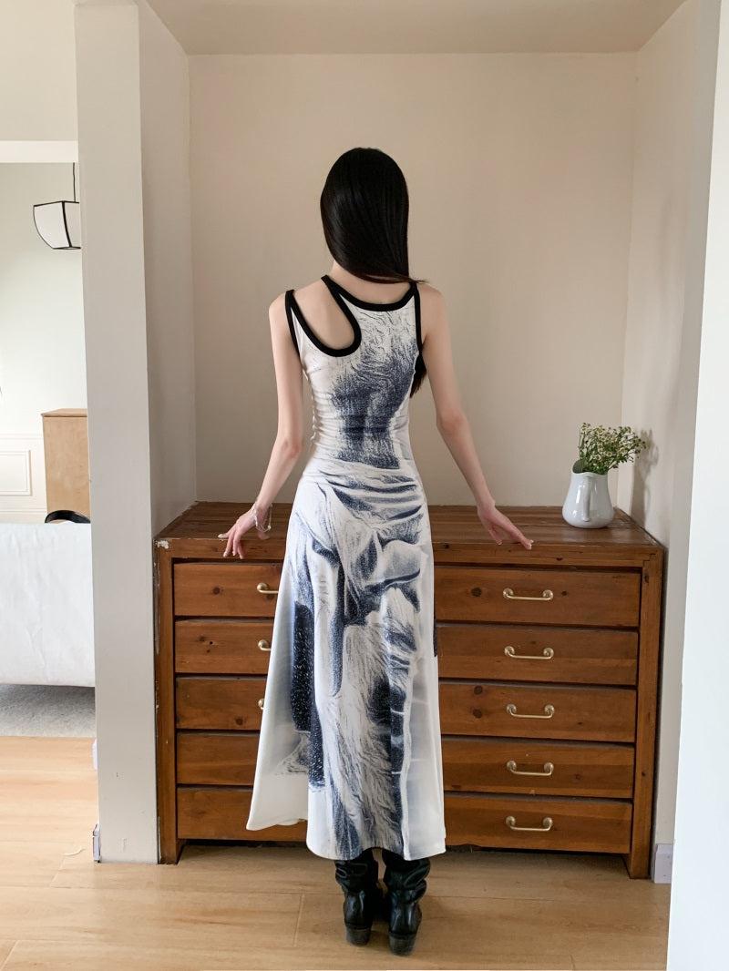 Abstract Graphic Print Sleeveless Cutout Detail Tank Maxi Dress