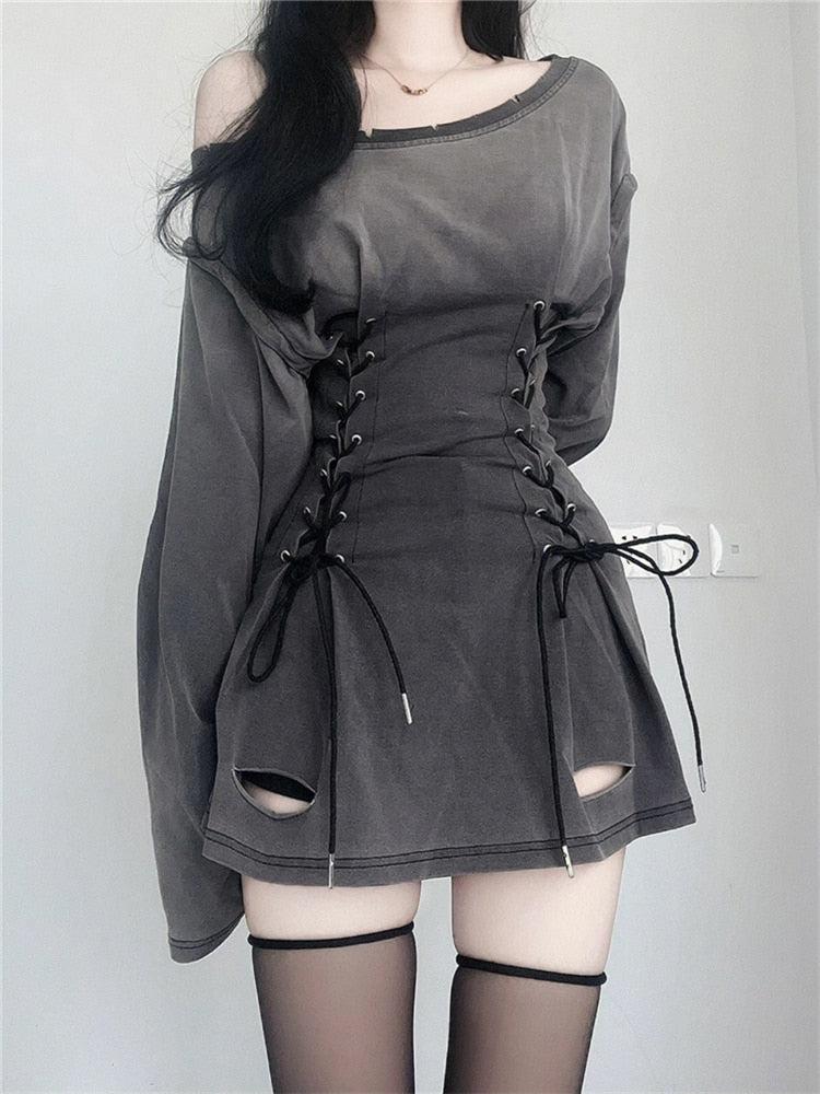 Boat Neck Side Lace-Up Corset Waist Distressed Cutout Mini Dress