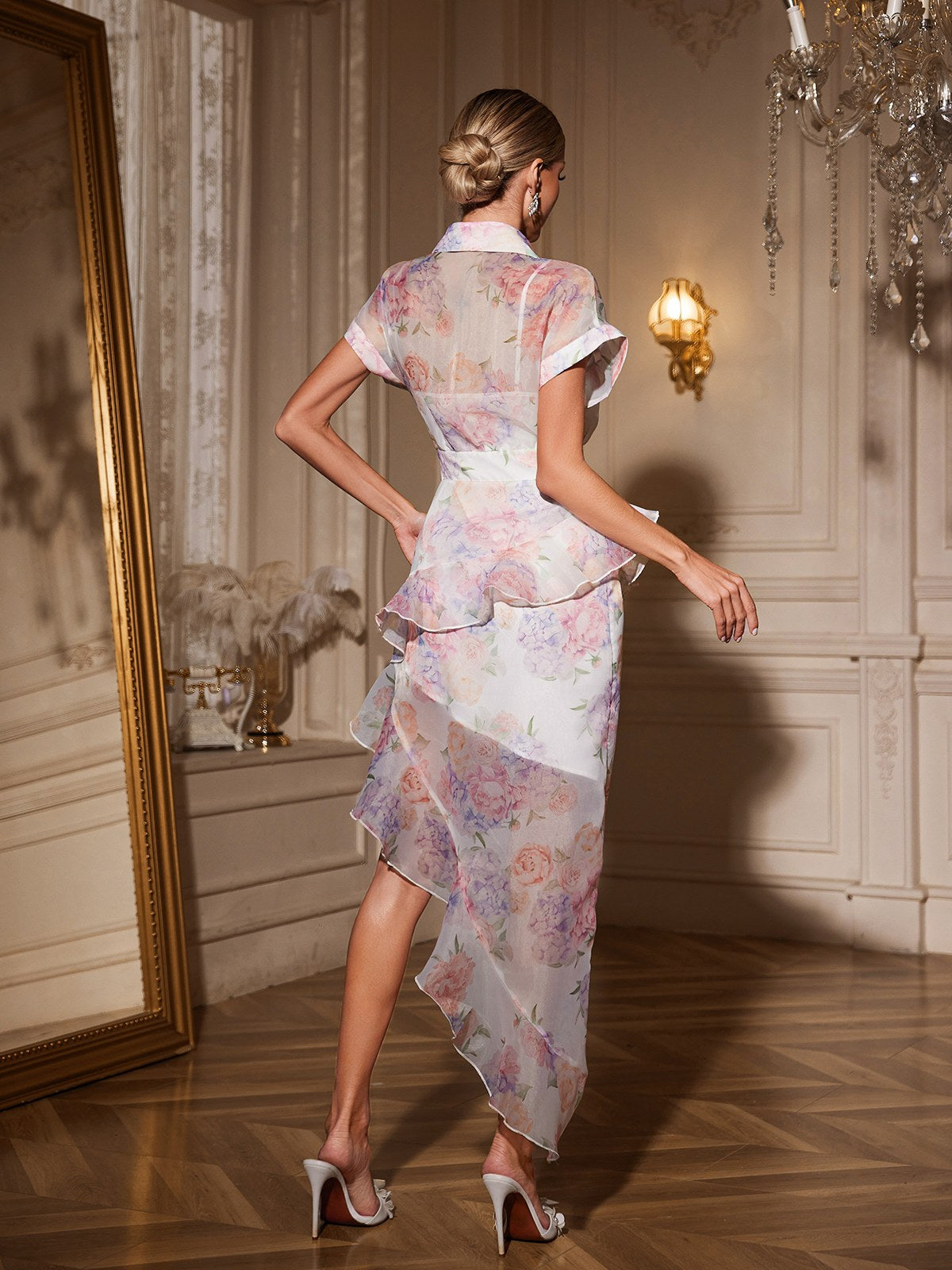 Floral Print Sheer Organza Button Down Blouse and Asymmetrical Tiered Skirt Two Piece Set