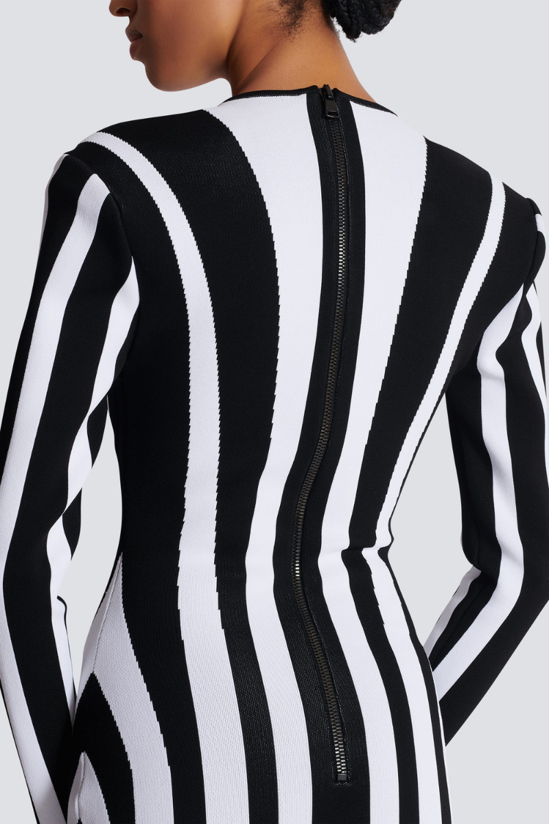 Striped Knit Conical Bust Long Sleeve Bodycon Mini Dress