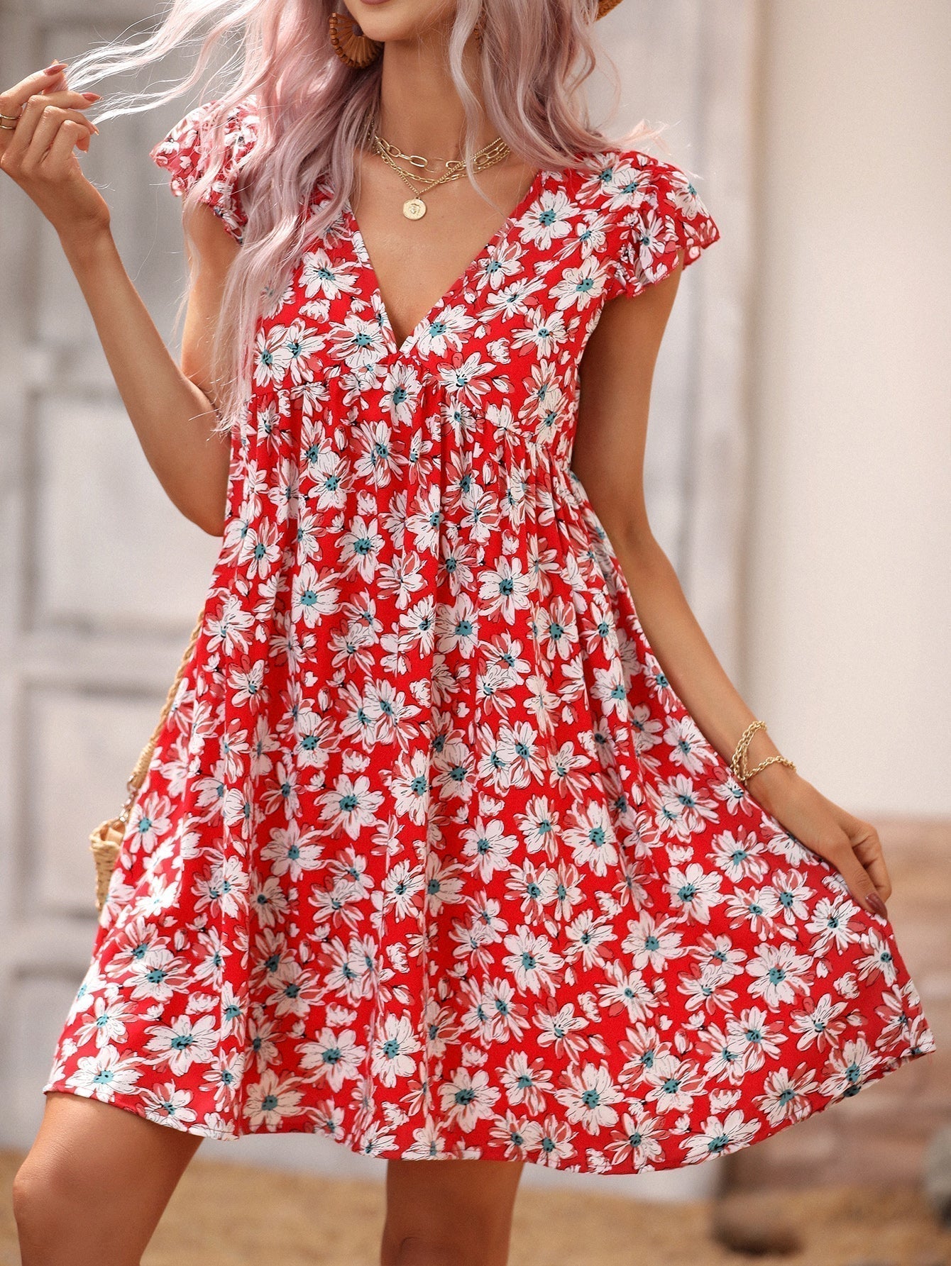 V-Neck Cap Sleeve Smocked Bodice Floral Print Babydoll Mini Dress