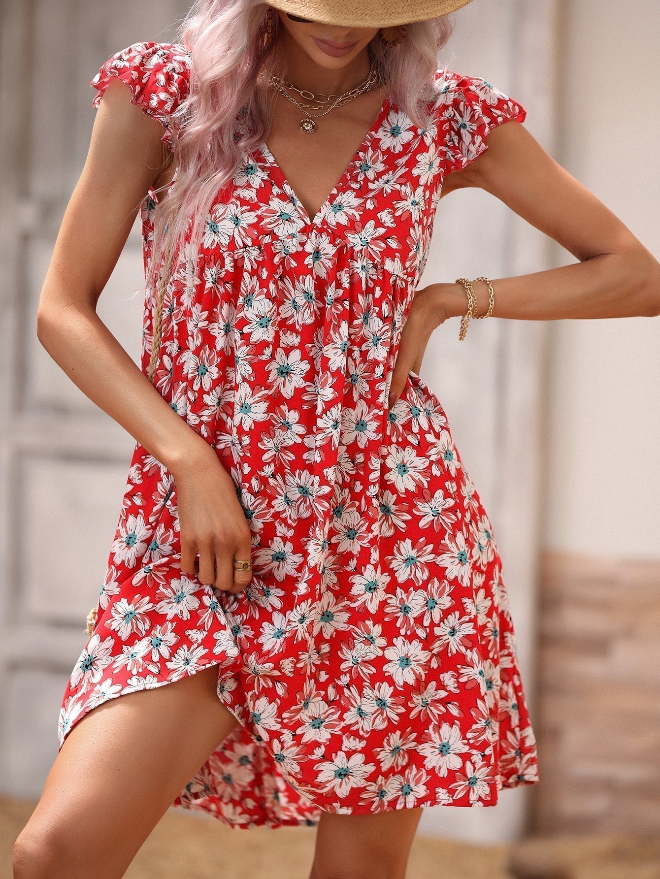 V-Neck Cap Sleeve Smocked Bodice Floral Print Babydoll Mini Dress