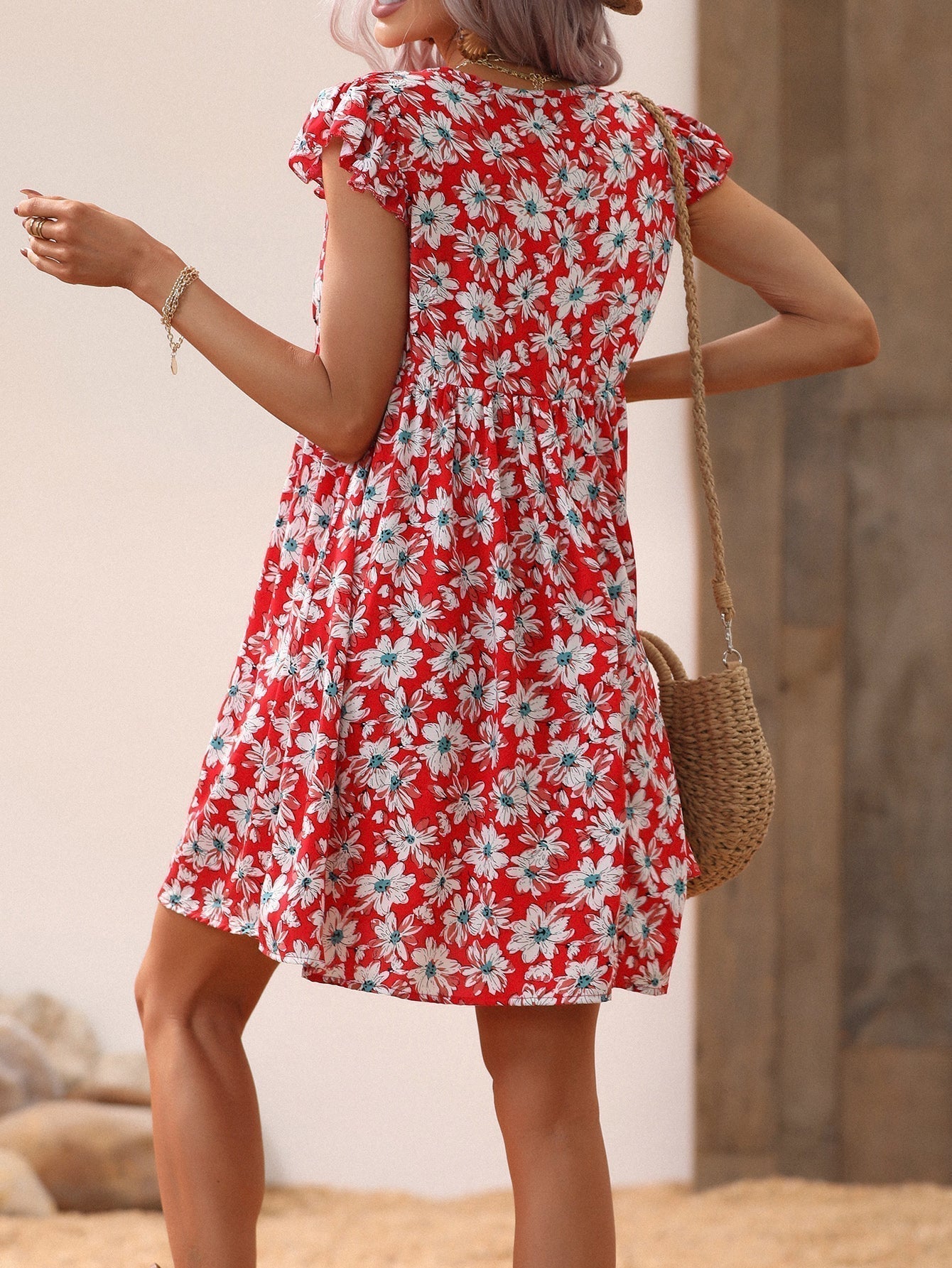 V-Neck Cap Sleeve Smocked Bodice Floral Print Babydoll Mini Dress