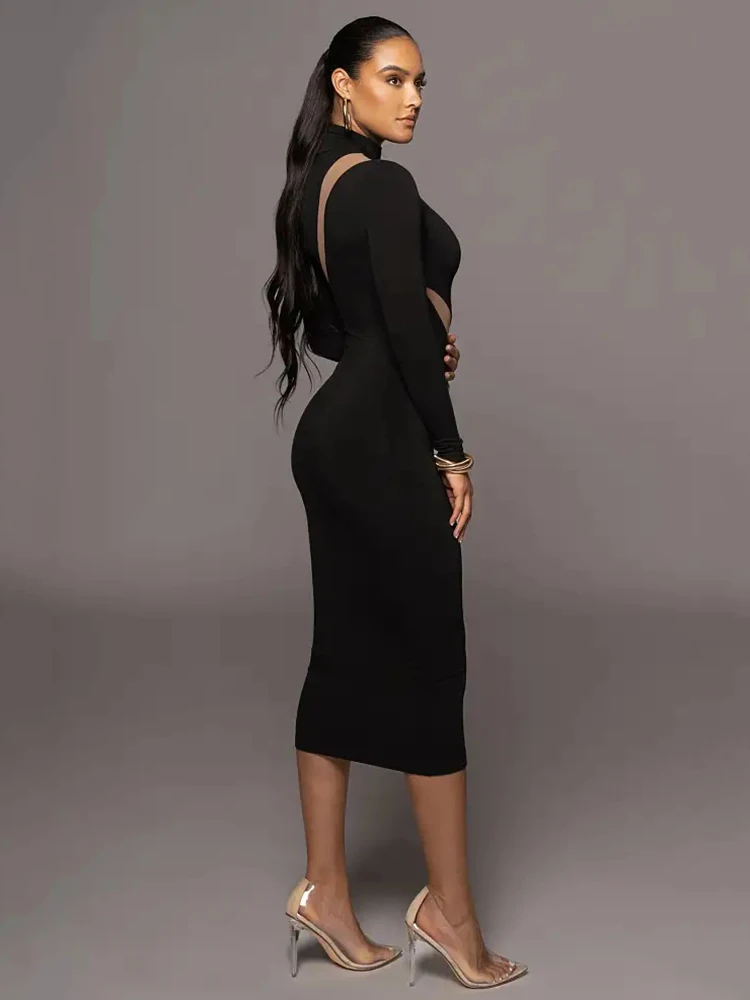 Ootddress Autumn/Winter Long Sleeve Mesh Patchwork Dress Women's Perspective Bodycon Midi Dress Female Elegant Party Evening Dress